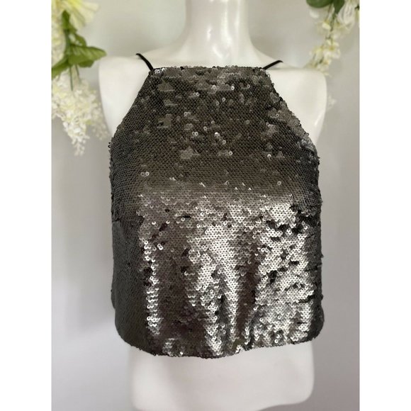 Vintage Sugar‎ Lips Sequin Cropped Camisole Cami Tank Top Gray Womens Size Small - Picture 3 of 12